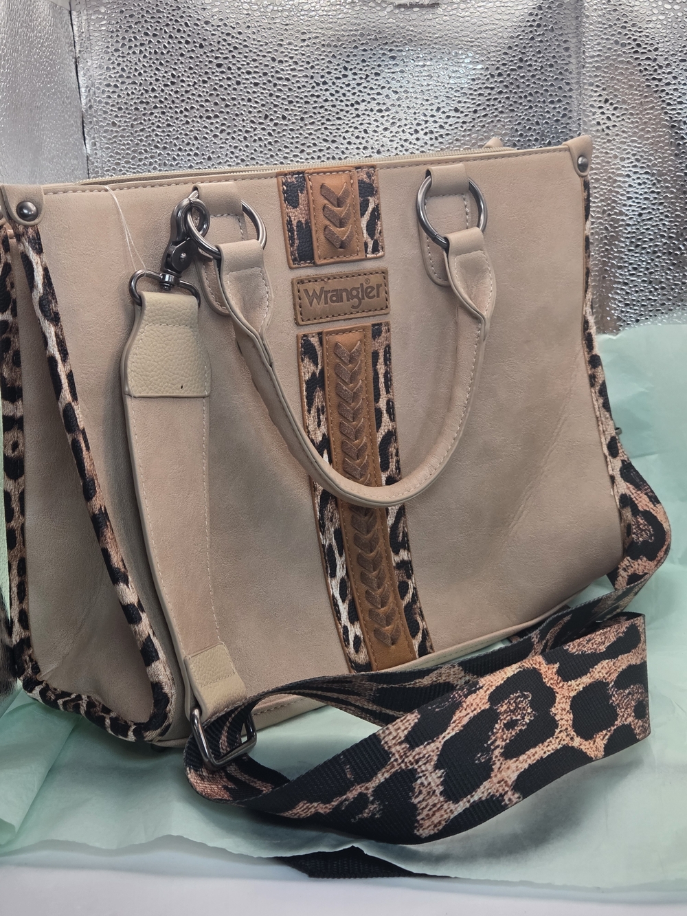Wrangler Beige Tote Bag with Leopard Accent